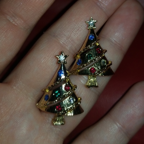Goldtone Rhinestone Accent Christmas Tree Earrings - Picture 6 of 6